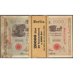 Pack of (20) Consecutive 1910 Germany 1,000 Mark Currency Notes