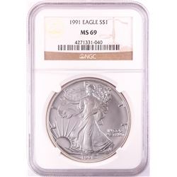 1991 $1 American Silver Eagle Coin NGC MS69