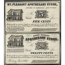 Lot of 1863 Five & Twenty Cents Mount Pleasant, MA Apothecary Store Obsolete Bank Notes
