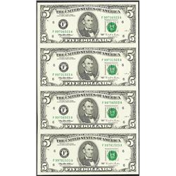 Uncut Sheet of (4) 1995 $5 Federal Reserve Notes Atlanta
