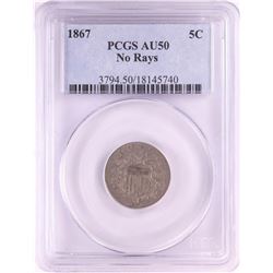 1867 No Rays Shield Nickel Coin PCGS AU50
