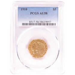 1910 $5 Indian Head Half Eagle Gold Coin PCGS AU58