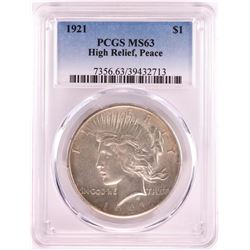 1921 High Relief $1 Peace Silver Dollar Coin PCGS MS63