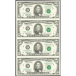 Uncut Sheet of (4) 1995 $5 Federal Reserve Notes Atlanta