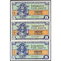 Lot of (3) Series 521 Five Cents Military Payment Certificate Notes