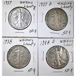 LOT OF 4 WALKING LIBERTY HALF DOLLARS: