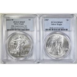 2 PCGS GRADED AMERICAN SILVER EAGLES: