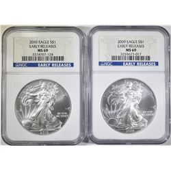 2009 & 2010 AMERICAN SILVER EAGLES NGC MS-69