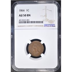 1866 INDIAN CENT NGC AU-50 BN