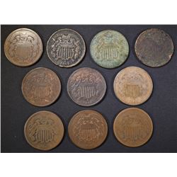 10 1864 2 CENT PIECES 6 AG/G, 4 VG