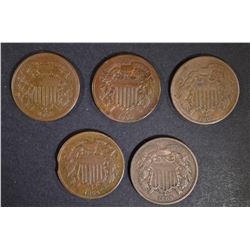 1865 & 4 1864 2 CENT PIECES F-VF