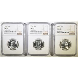 3-1964 WASHINGTON QUARTERS, NGC MS-65