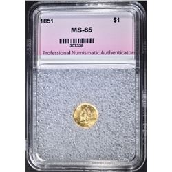 1851 $1.00 GOLD, PNA GEM BU SUPER LUSTRE