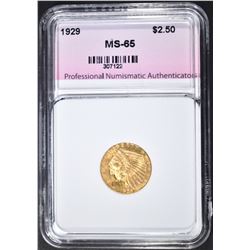 1929 $2.50 GOLD INDIAN, PNA GEM BU`