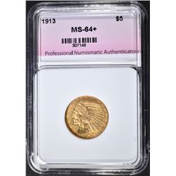 1913 $5.00 GOLD INDIAN, PNA CH+/GEM BU NICE!