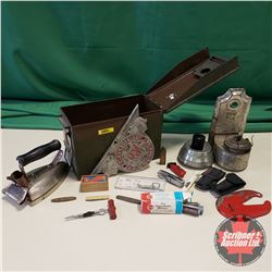 Ammo Box Lot w/Oil Lamps, Iron, Cooper Bessemer Plaque (10"W), Lighters, Utility Knives, etc