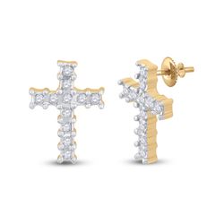 1/10 CTW Round Diamond Cross Earrings 10kt Yellow Gold - REF-11R9H