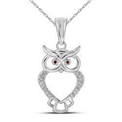 1/20 CTW Round Red Color Enhanced Diamond Owl Bird Animal Pendant 10kt White Gold - REF-9W3F