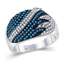 Womens Round Blue Color Enhanced Diamond Stripe Fashion Ring 3/4 Cttw 10kt White Gold - REF-30K9Y