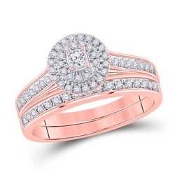 Round Diamond Halo Bridal Wedding Ring Band Set 1/2 Cttw 10kt Rose Gold - REF-34N9F