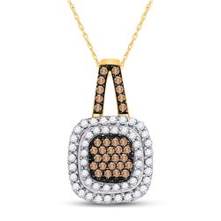 Womens Round Brown Diamond Square Frame Pendant 1/2 Cttw 10kt Yellow Gold - REF-21H5R