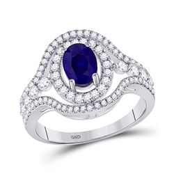 Womens Oval Blue Sapphire Diamond Solitaire Ring 1-1/2 Cttw 14kt White Gold - REF-69N9F