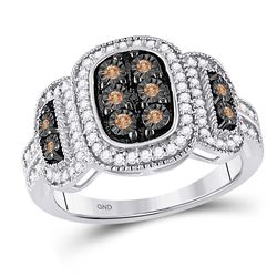 Womens Round Brown Diamond Cluster Ring 1/3 Cttw 10kt White Gold - REF-28F9W