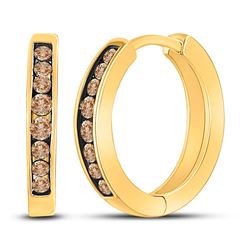 Womens Round Brown Diamond Hoop Earrings 1/4 Cttw 10kt Yellow Gold - REF-14H9R