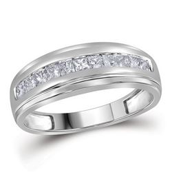 Mens Princess Diamond Single Row Wedding Band Ring 1/2 Cttw 10kt White Gold - REF-34W5K