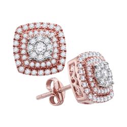 Womens Round Diamond Cushion Cluster Stud Earrings 1 Cttw 14kt Rose Gold - REF-76H5R