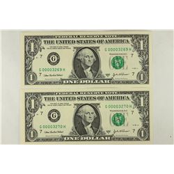 2-2003-A $1 FRN'S LOW CONSECUTIVE SERIAL 'S UNC