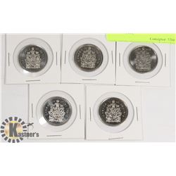 5 CANADIAN 50 CENT COINS, YEARS 1997.1998,1999,
