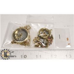 GOLD CRYSTAL CHARM LOCKET W/CHAIN & EXTRA CHARMS