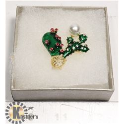 CACTUS BROOCH WITH RHINESTONES AND FAUX PEARL