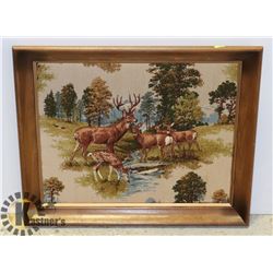 LARGE VINTAGE QUILTED DEER PICTURE FRAMED