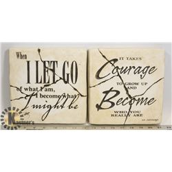 SET OF 2 STONE WALL PLAQUES WITH QUOTES. 8" BY 8".
