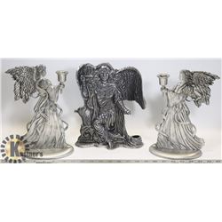 2 10 1/2" TALL SEAGULL PEWTER ANGEL CANDLESTICKS.
