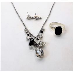 14)  SILVER TONE CLEAR AND BLACK CRYSTAL