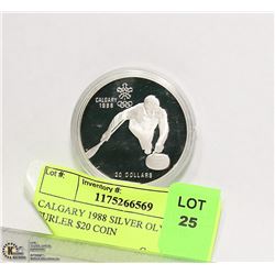 CALGARY 1988 SILVER OLYMPIC CURLER $20 COIN