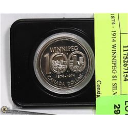 1874 - 1974 WINNIPEG $1 SILVER COIN