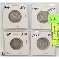 4PCS OF 25CENT 1944,1946, 1952, 1953 SILVER COIN