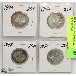 4PCS OF 25CENT 1940,1942, 1948, 1950 SILVER COIN