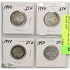 Image 1 : 4PCS OF 25CENT 1940,1942, 1948, 1950 SILVER COIN
