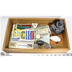 ESTATE BROWN WOOD BOX W/COLLECTIBLES