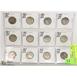 12 CANADIAN QUARTERS 1962-1978 (10 SILVER)