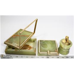3 PC GREEN QUARTS ASH TRAY LIGHTER AND TRINKET