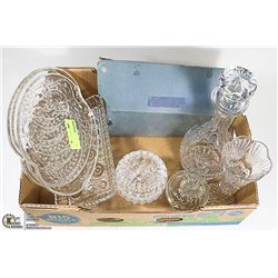 BOX OF ASSORTED CUT GLASS AND MINI GLASSES