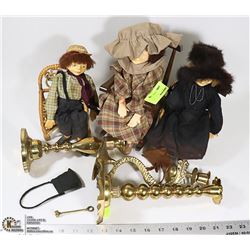 BOX OF ASSORTED BRASS AND VINTAGE DOLLS