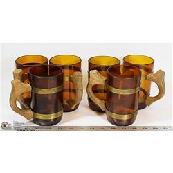 LOT OF 6 AMBER GLASS VINTAGE BEER STEINS