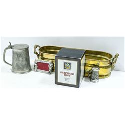 BRASS LION HEAD PLANTER WITH 2 PEWTER STEINS